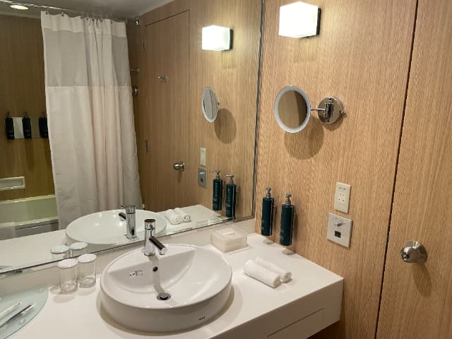 舞浜駅周辺にあるヒルトン東京ベイのヒルトンルームの洗面台と浴槽